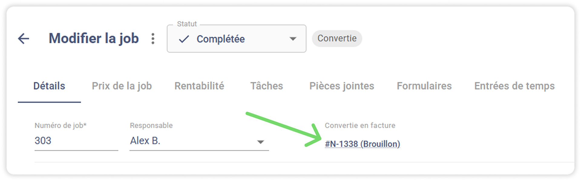 Capture d'écran d'une page web permettant de modifier une tâche. La flèche pointe vers le statut « AR-12335-Vérifié ».