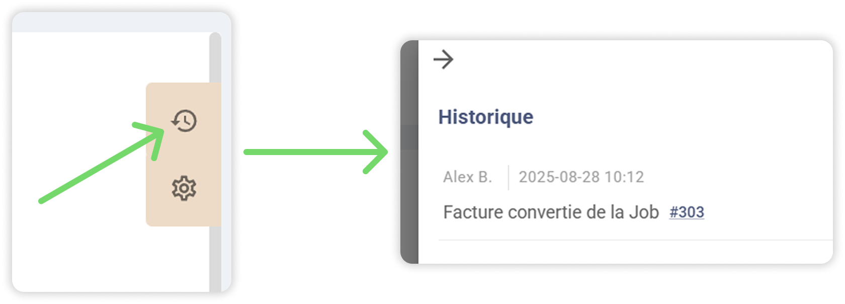 Un utilisateur appuie sur l’icône d’historique, révélant l’historique d’un travail.