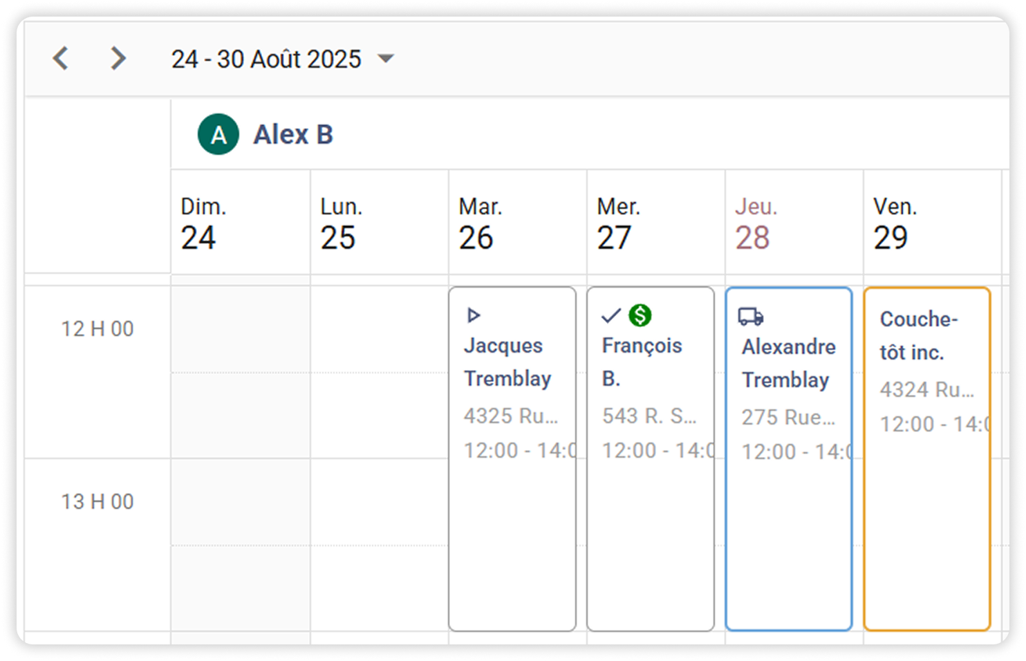 Vue du calendrier pour Alex B, montrant les rendez-vous du 24 au 30 août 2025.