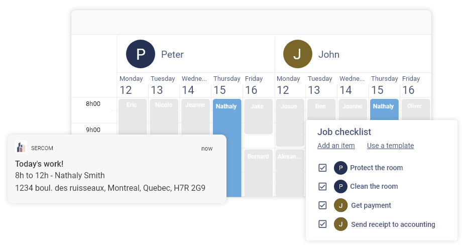 Job calendar, job checklist and sms preview