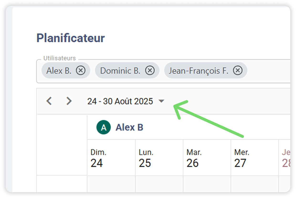 Vue du calendrier montrant la semaine du 24 au 30 août 2025, avec Alex B sélectionné.