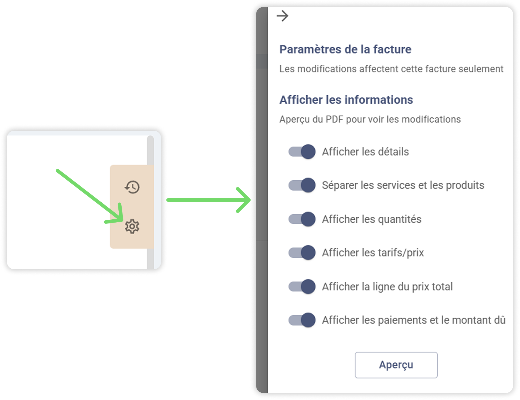 Un panneau de paramètres avec des options de basculement liées à l'affichage des factures, affichant les détails, les services, les quantités et les prix.