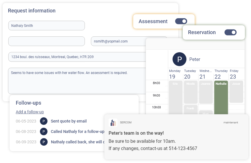 Request snippet with time reservation calendar with follow-ups and notifications