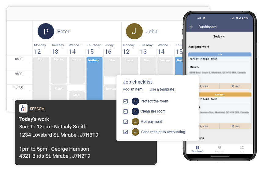 Example of SMS notification, the mobile app and the job calendar