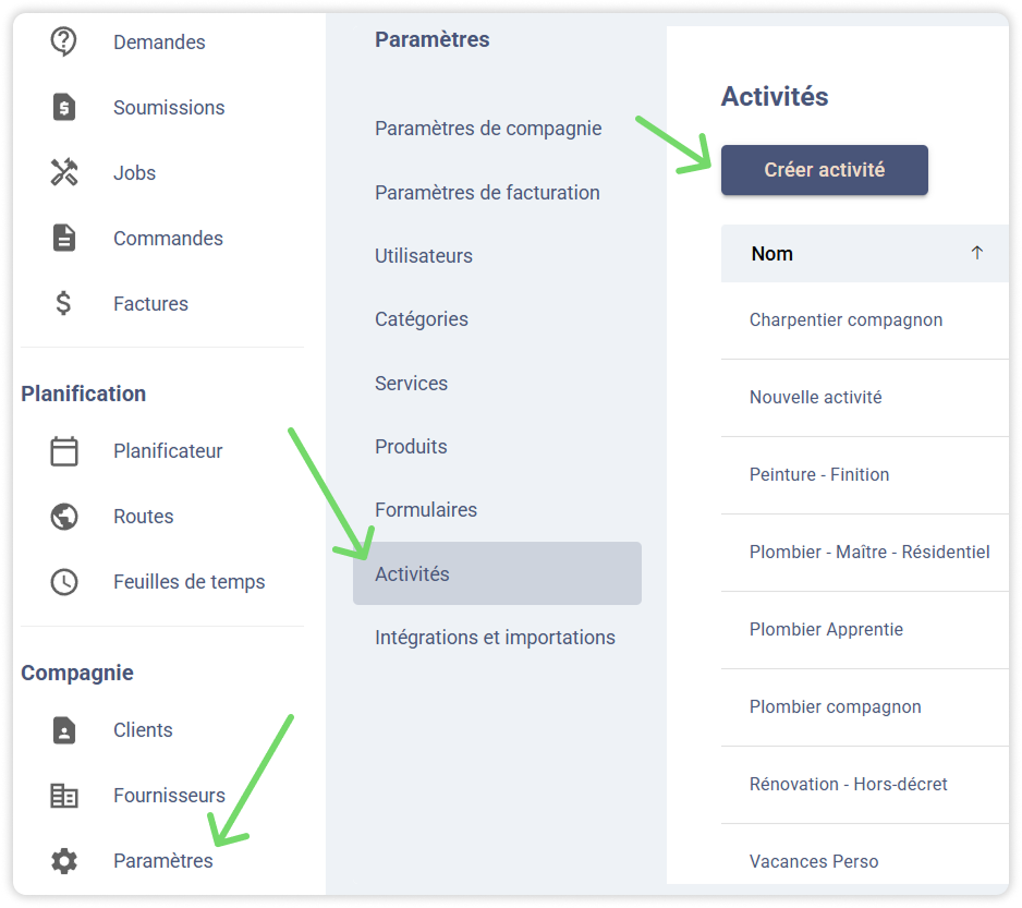 Capture d'écran du menu des paramètres d'une application Web mettant en évidence « Activités » et le bouton « Créer une activité ».
