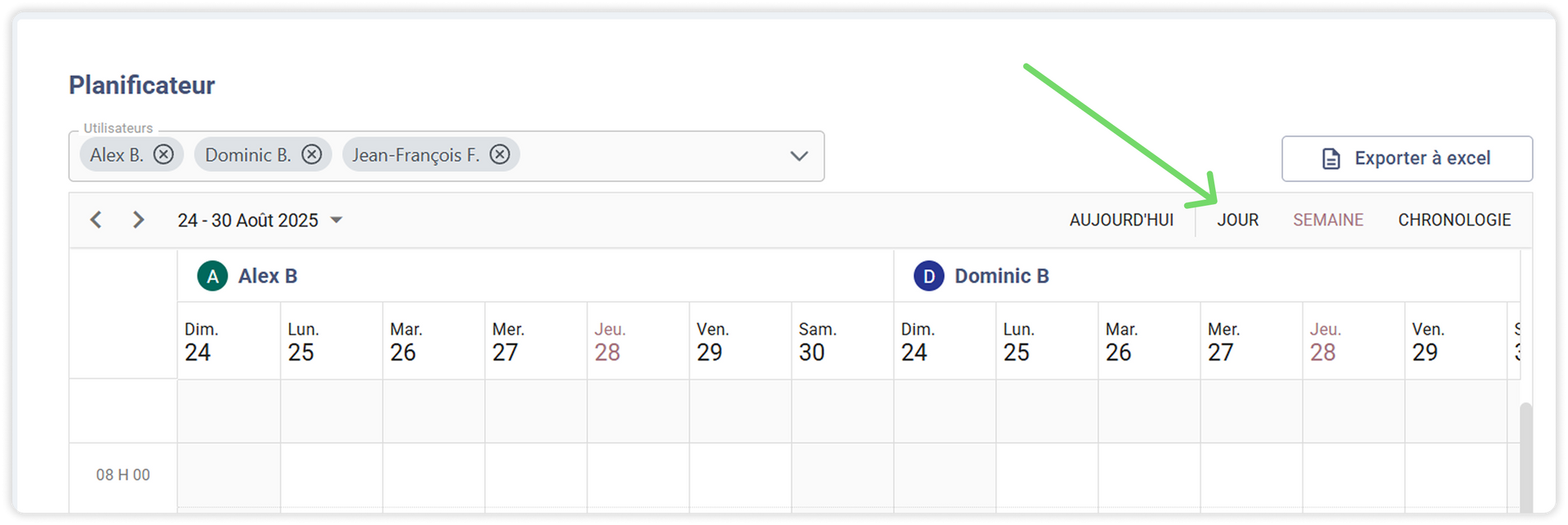 Une interface de calendrier affiche les jours du mois avec la date actuelle en surbrillance, pointée par une flèche.