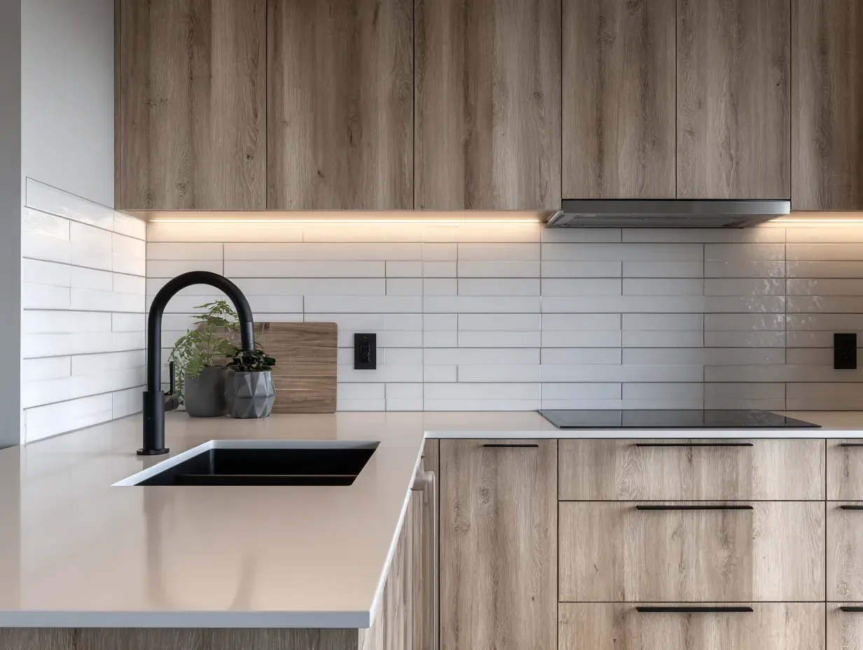 Modern kitchen with wood cabinets, white tile backsplash, and black faucet.
