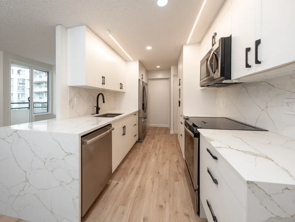 Modern white kitchen with stainless steel appliances and quartz countertops.
