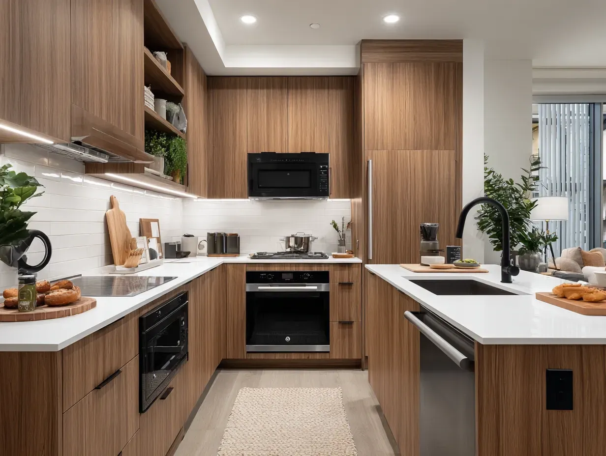Modern kitchen with wood cabinets, white countertops, stainless steel appliances.