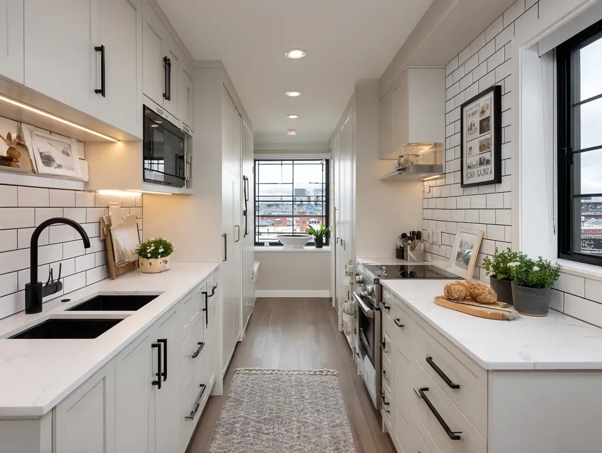 Narrow, white kitchen with black accents. Sink, stove, and window along opposite walls.