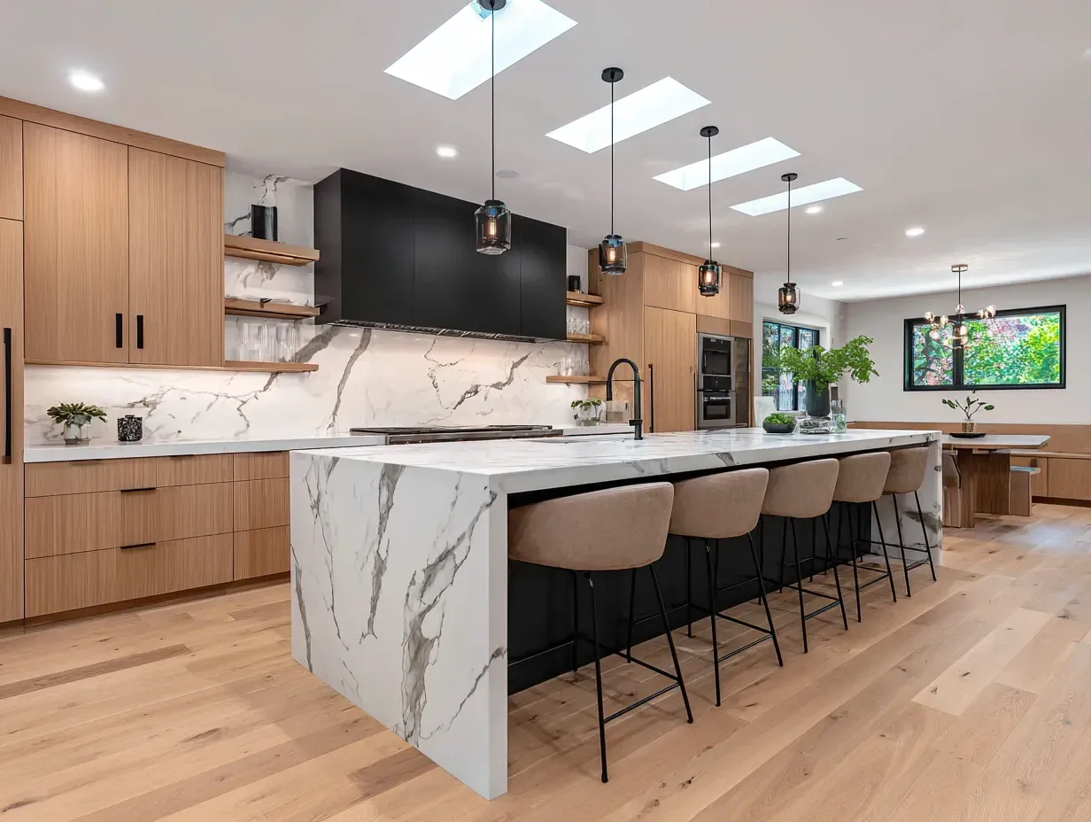 Modern kitchen with light wood cabinets, marble countertops, black accents, and an island with bar seating.