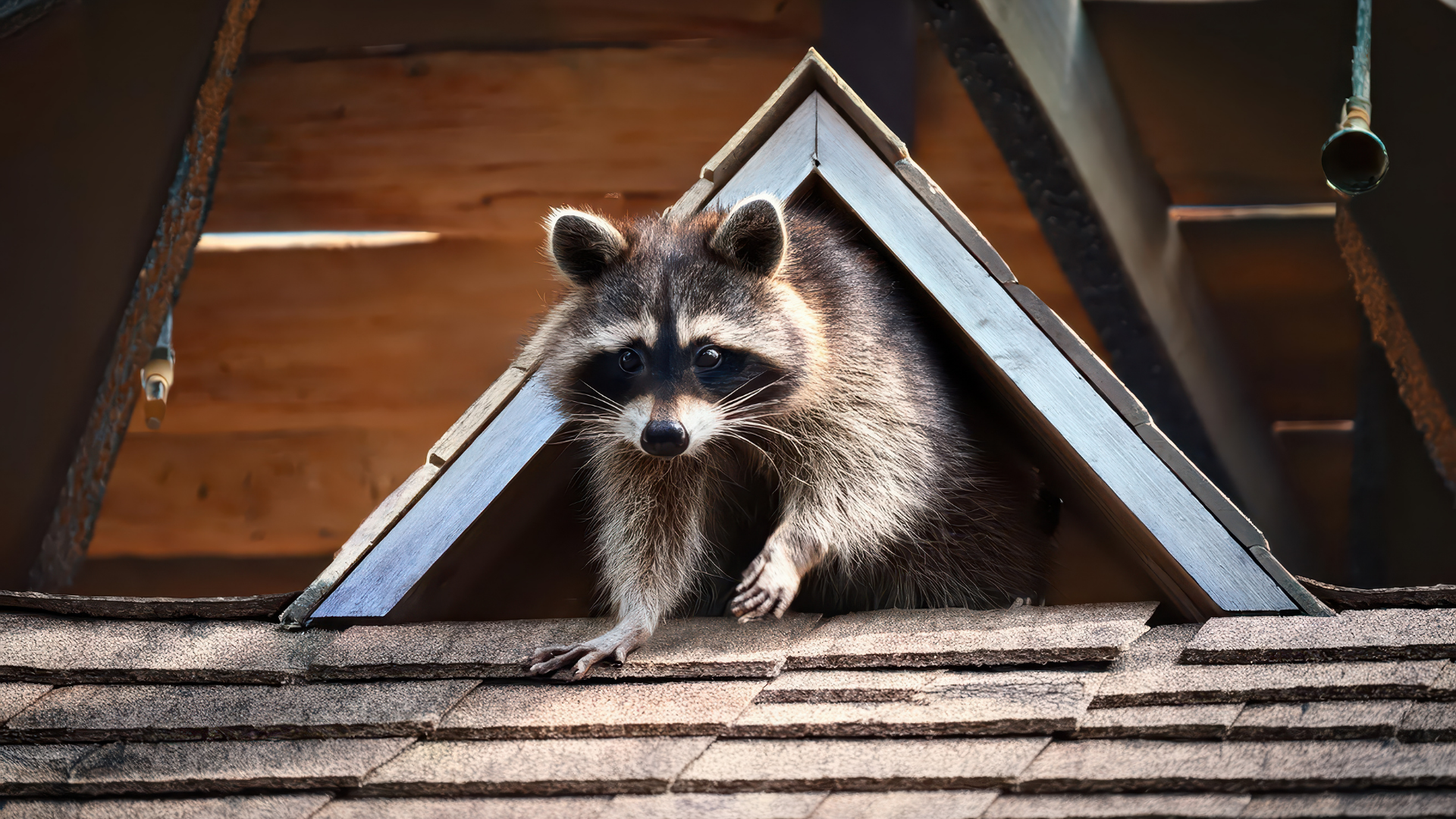 A raccoon is sitting on top of a roof.