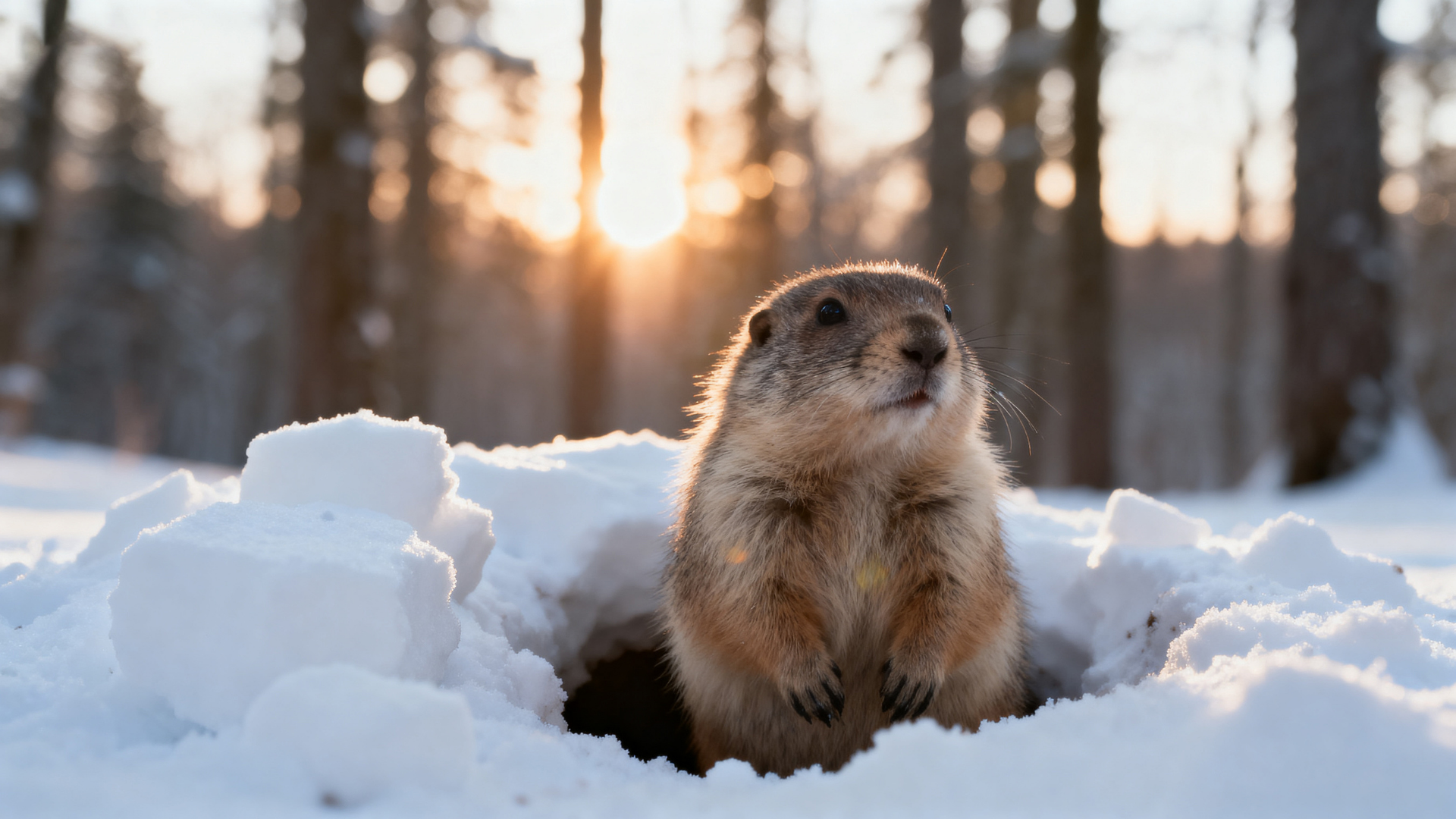 Groundhog peeking out of a snow-covered burrow in a forest at sunrise with warm light filtering thro
