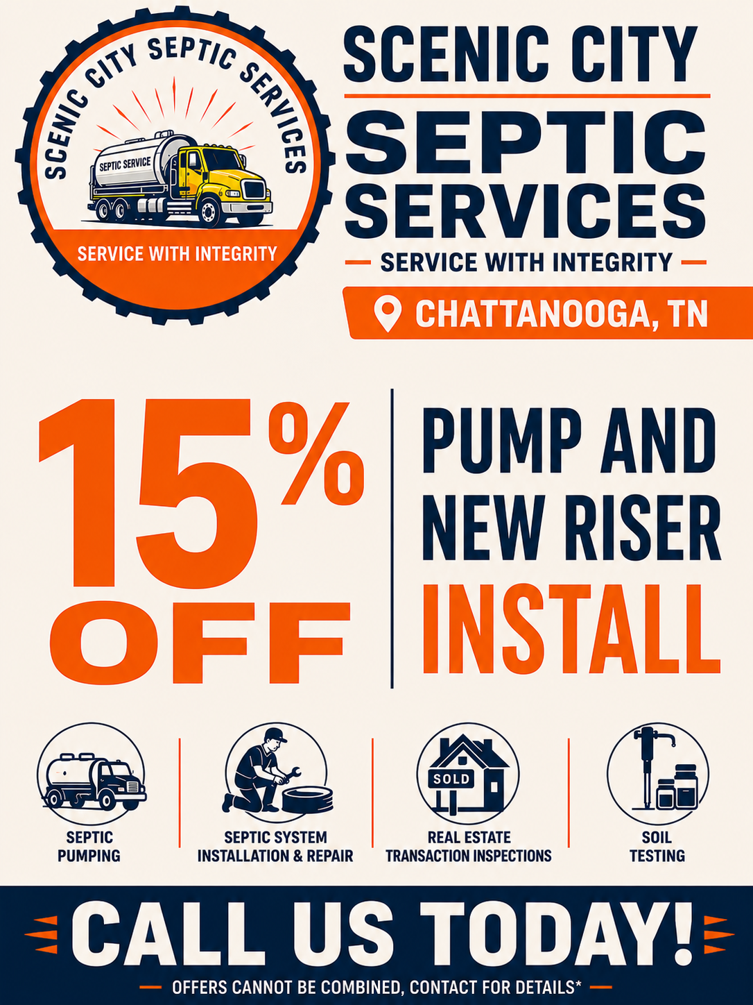 Scenic City Septic Services ad: 15% off pump and new riser install, call today, Chattanooga, TN.