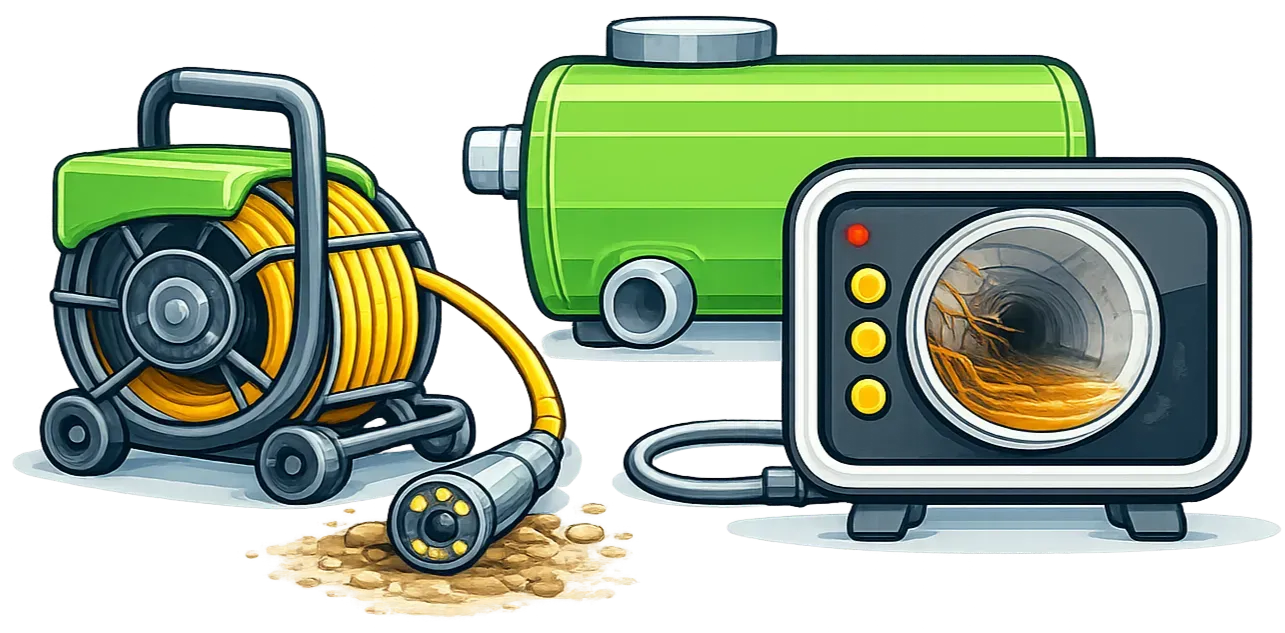 Green pressure washer, hose reel, spray nozzle, and vacuum-like machine on a white background