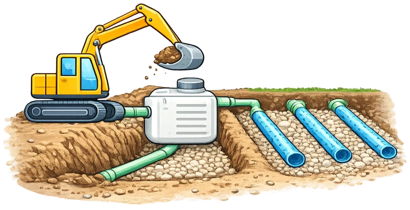 Excavator installing green and blue pipes into a dug trench beside a large white tank