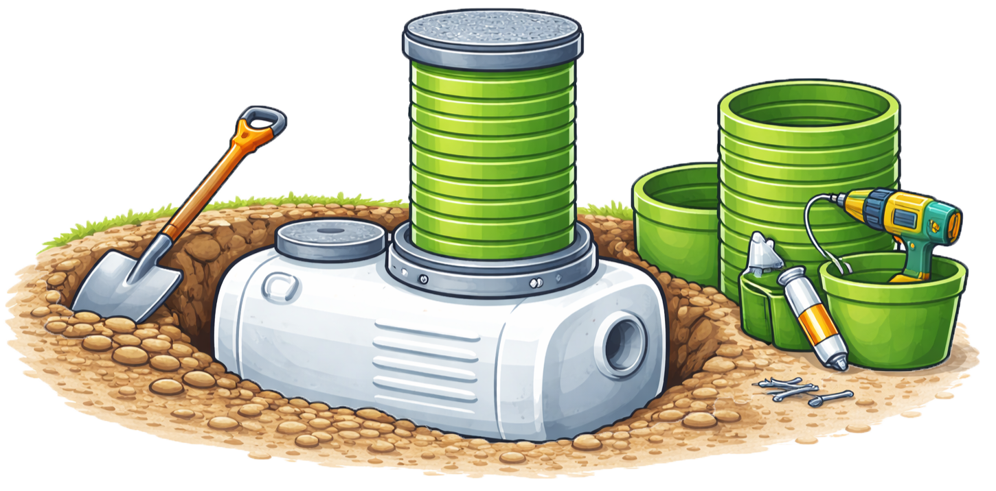 Gardening tools and stacked green buckets beside a white storage bin on sandy ground