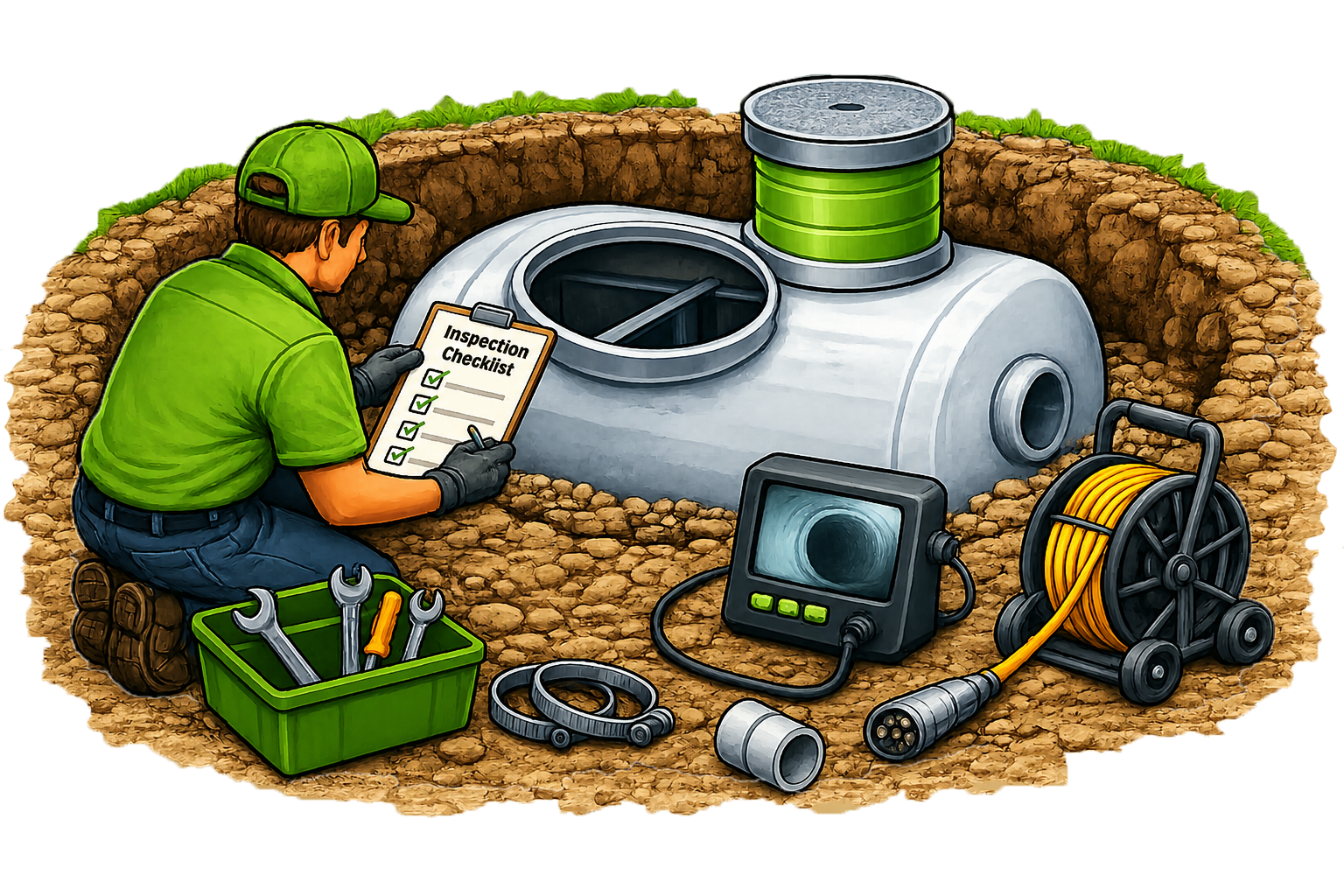 Worker inspecting a buried tank, tools and cables laid out beside an excavation site