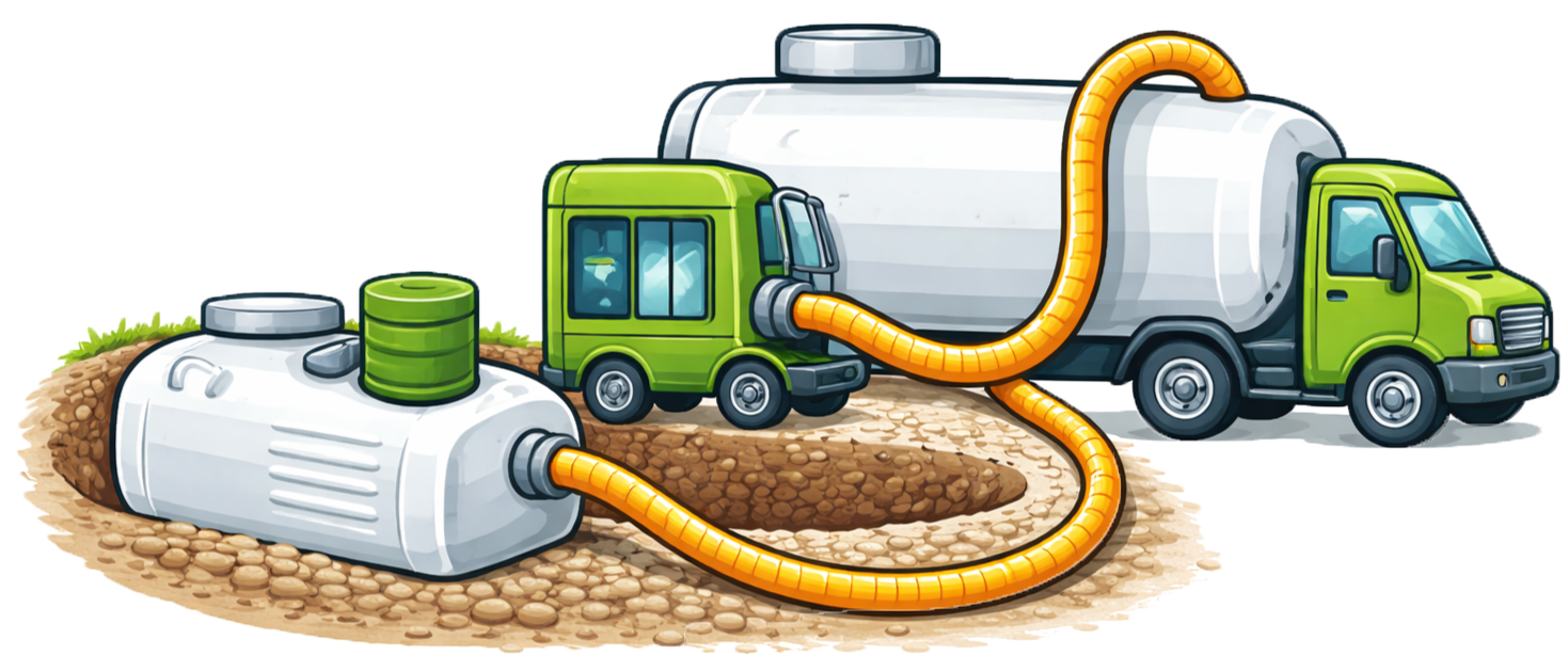 Illustration of a fuel tanker truck pumping orange liquid into large white storage tanks via hoses