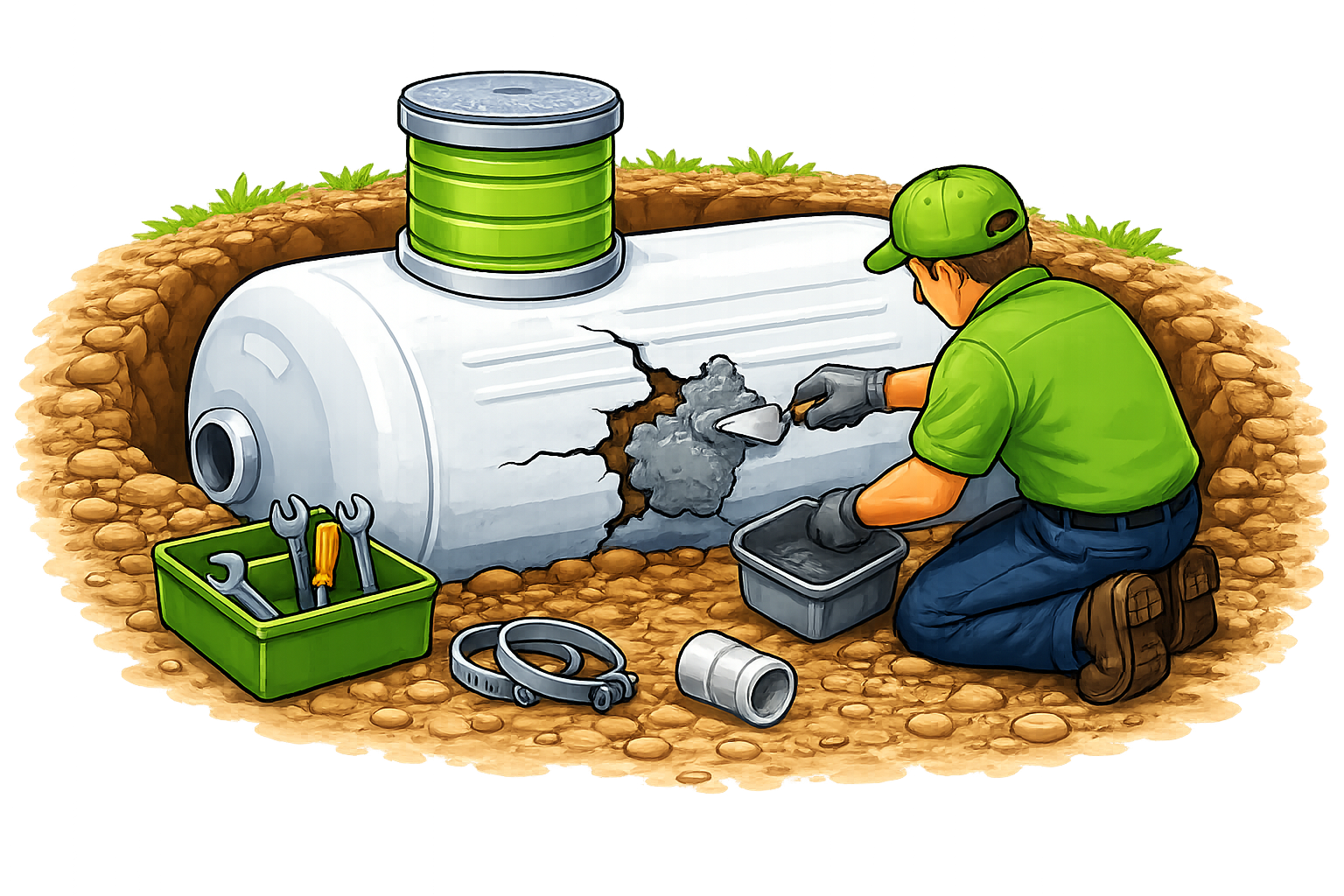 Worker repairing a white tank with tools in a dirt pit