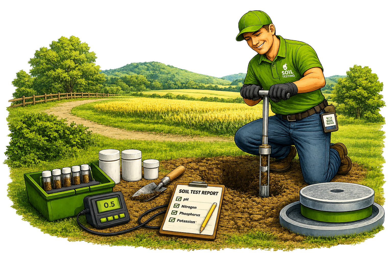 Gardener kneeling in a field beside soil samples, tools, and a notebook, inspecting the soil.