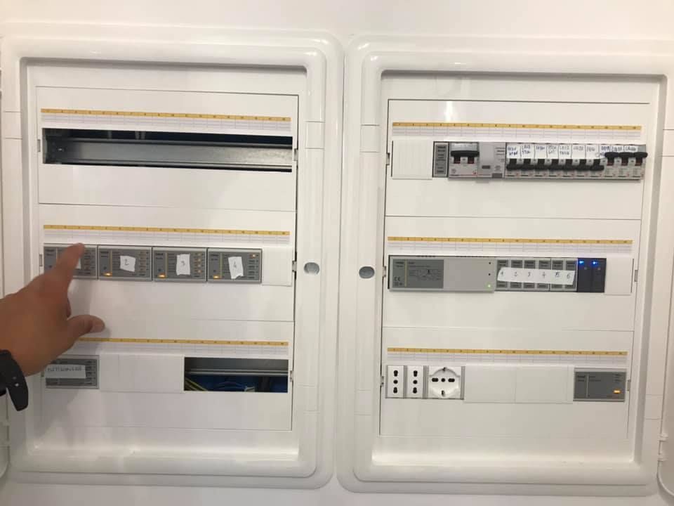 Mano che indica il quadro elettrico bianco, aprendo la porta. All'interno sono visibili vari interruttori e dispositivi.
