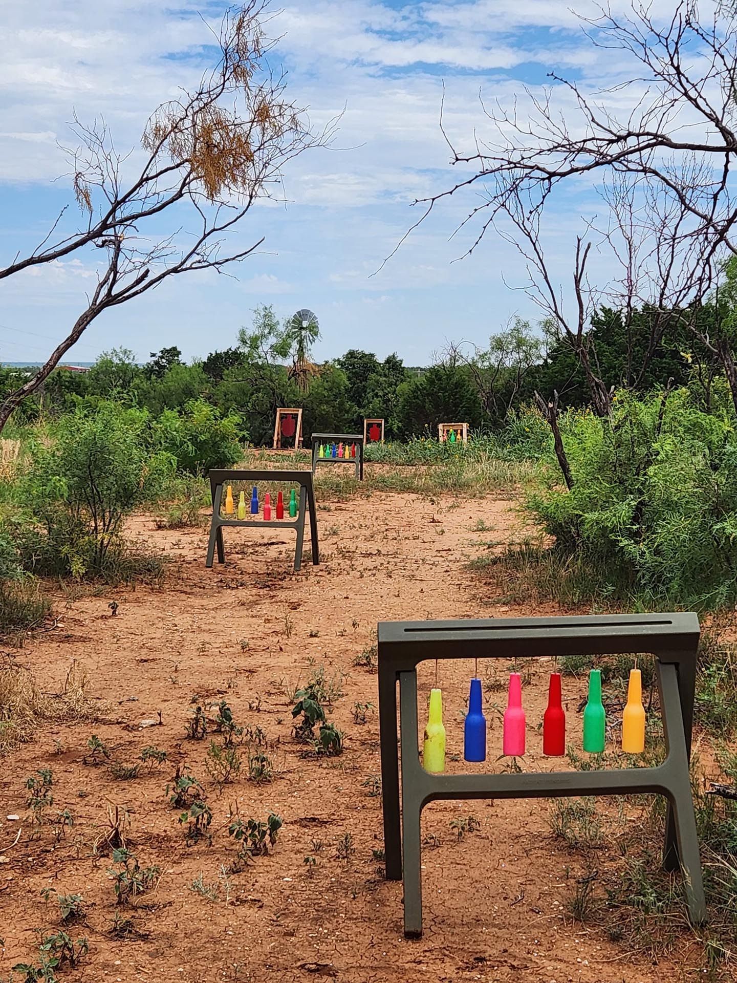 A bunch of colorful bottles are sitting on a table in a field