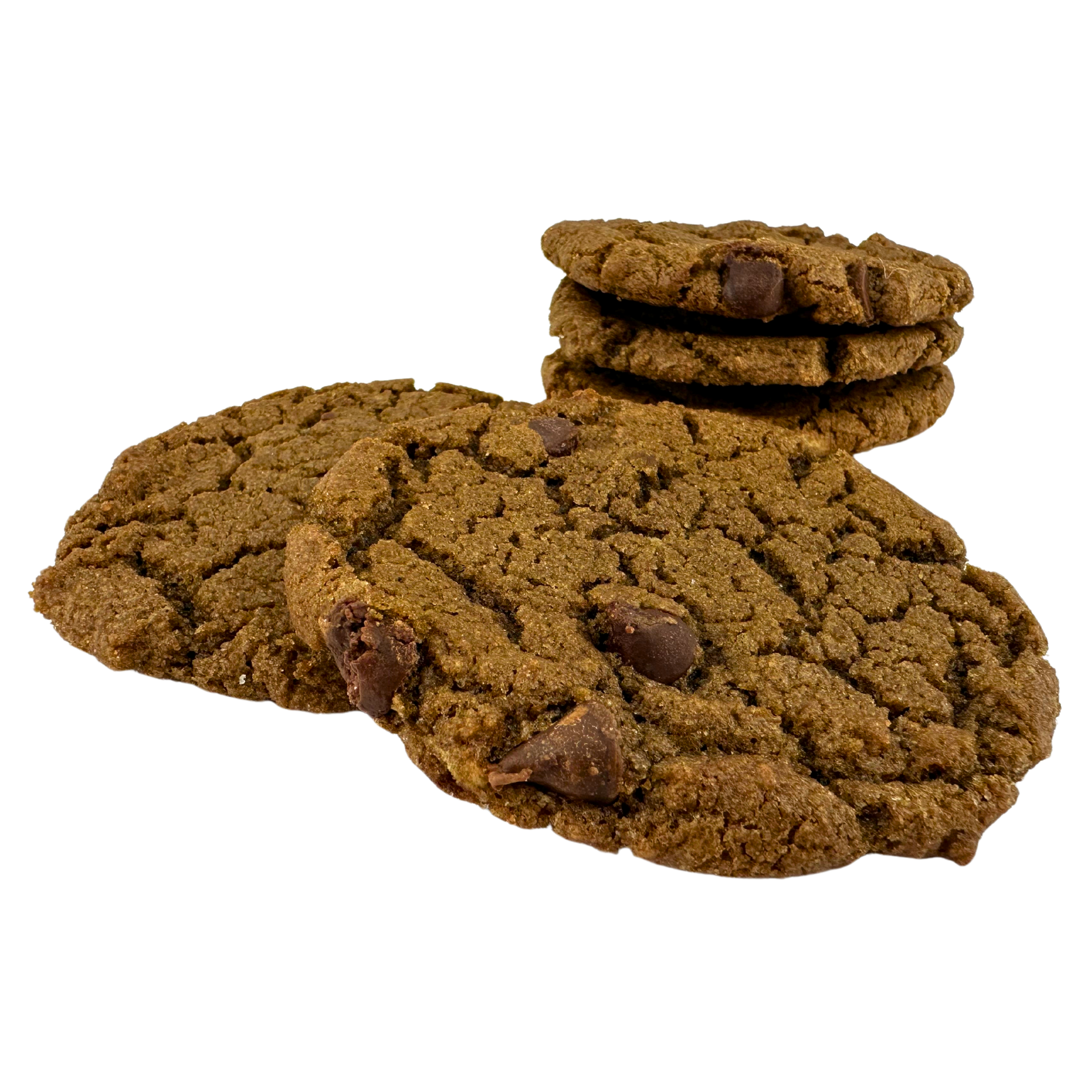 A stack of chocolate chip cookies on a white background
