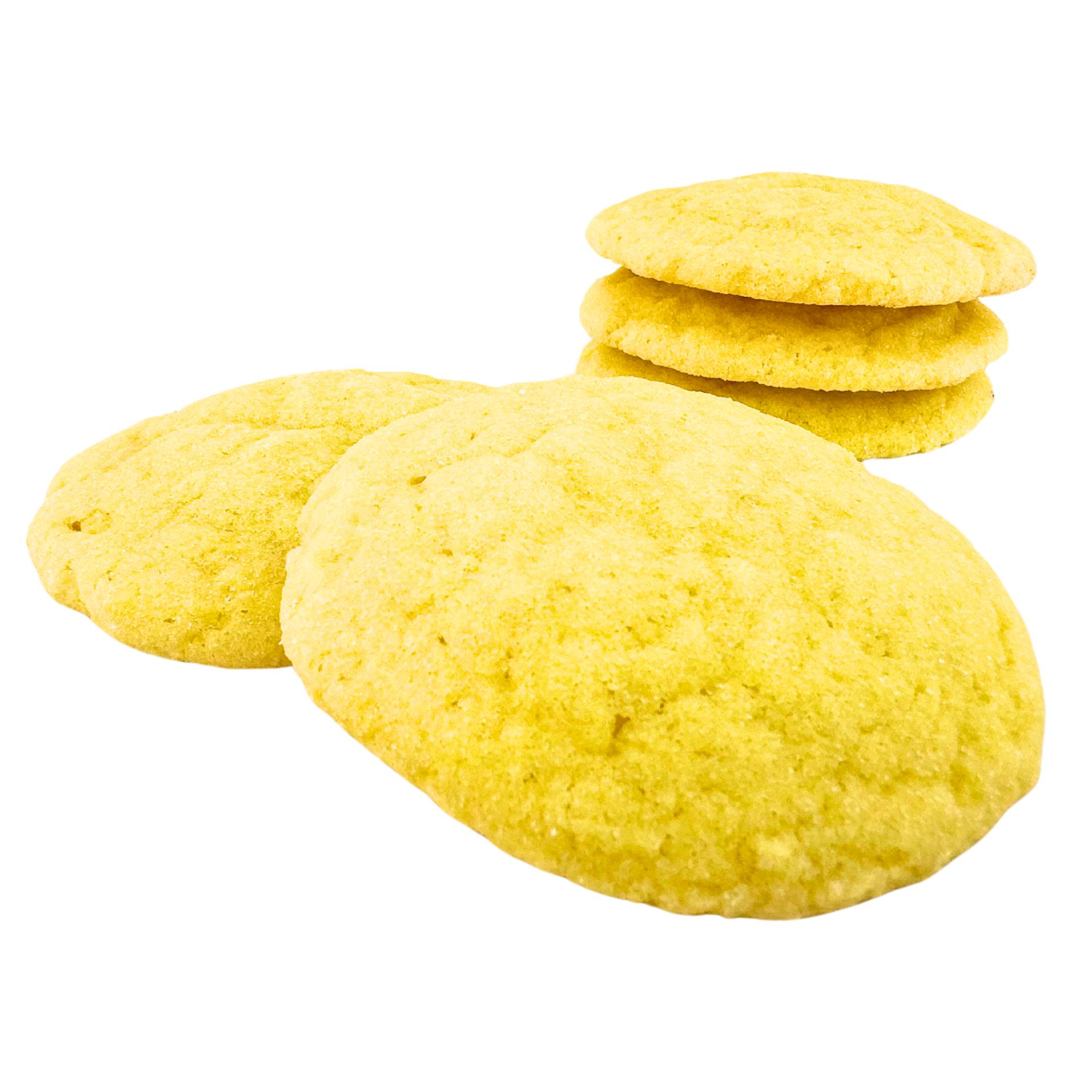 A stack of yellow cookies on a white background