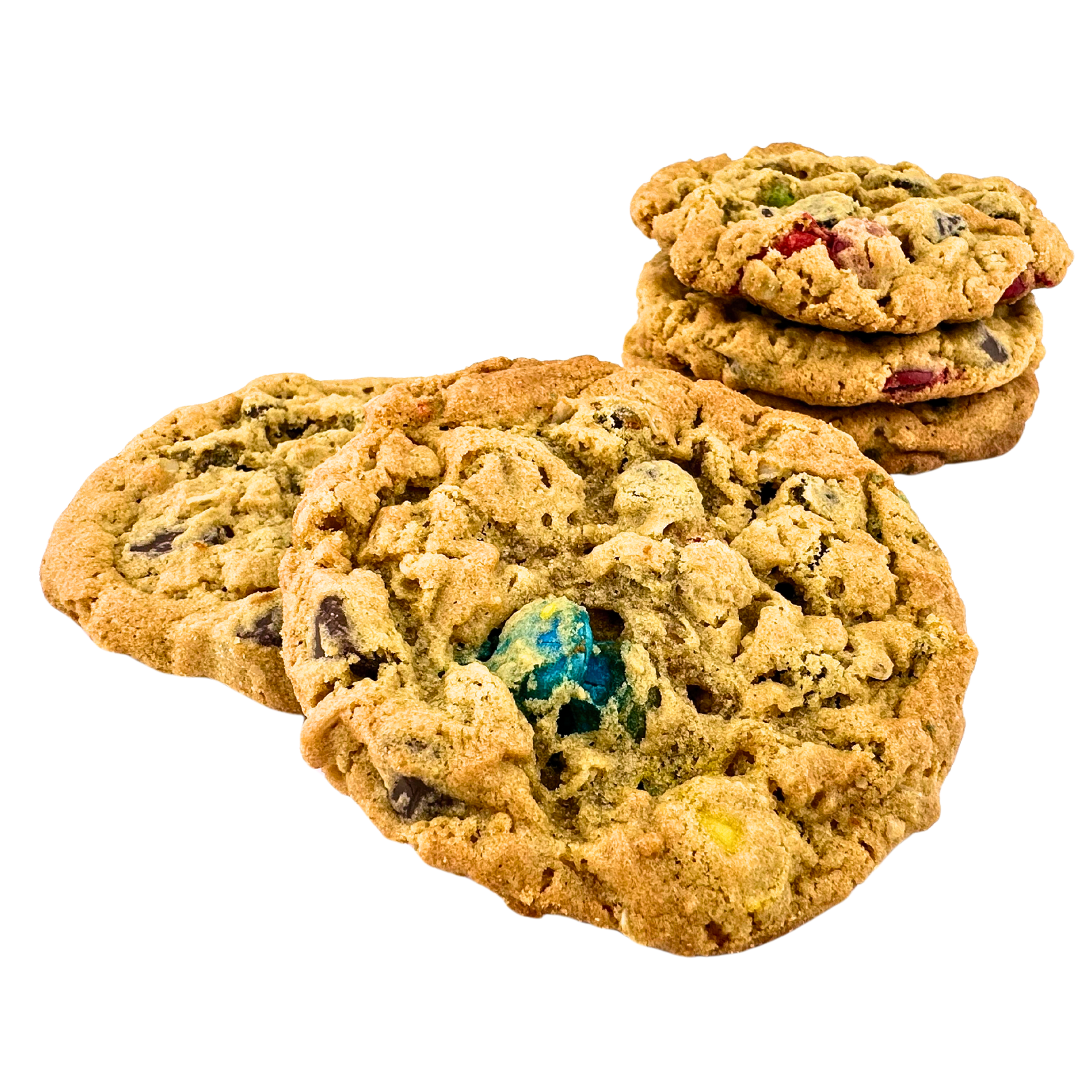 Three cookies are stacked on top of each other on a white background