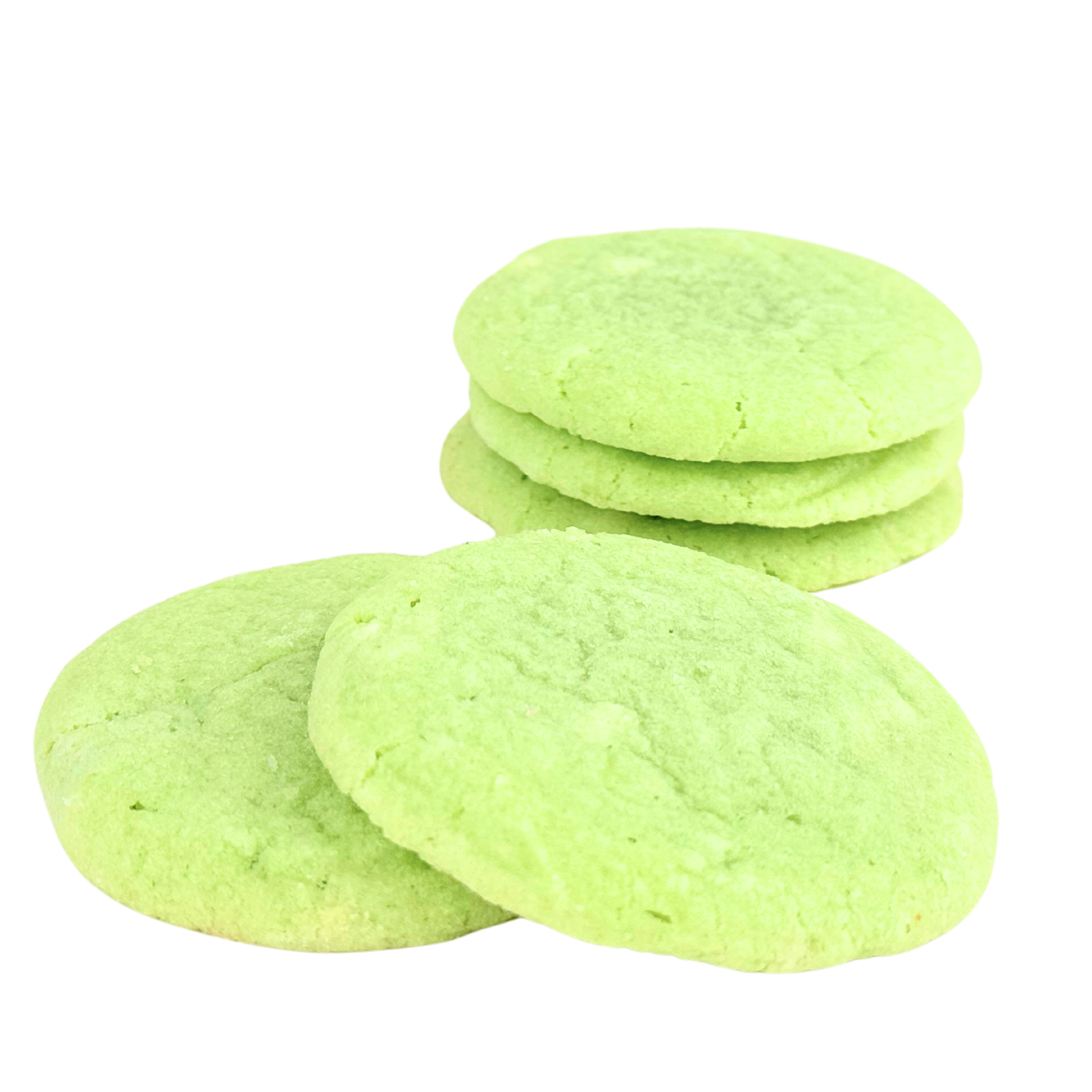 A stack of green cookies on a white background.