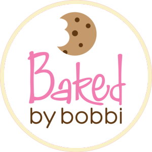 A logo for baked by bobbi with a cookie on it