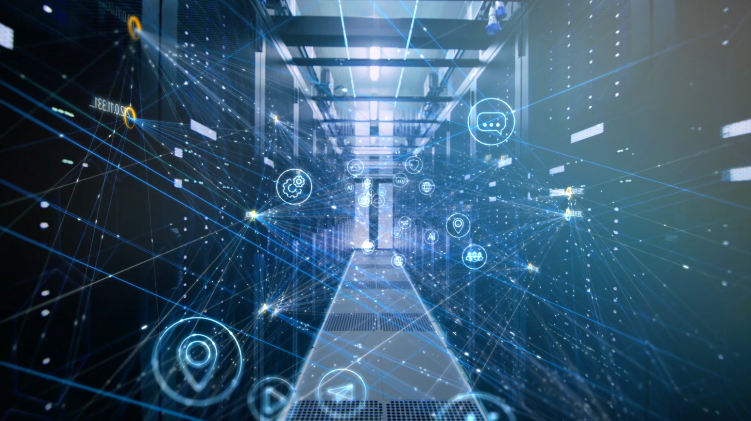 Et computergenereret billede af et serverrum, hvor der kommer en masse lys ud af det.