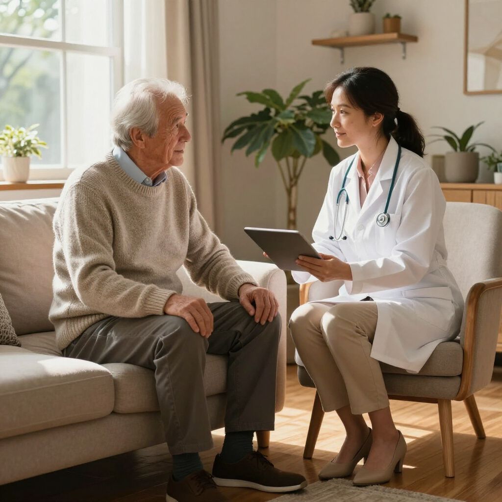 Doctor consulting with a patient in a living room, both seated and looking at each other, doctor holding a tablet.