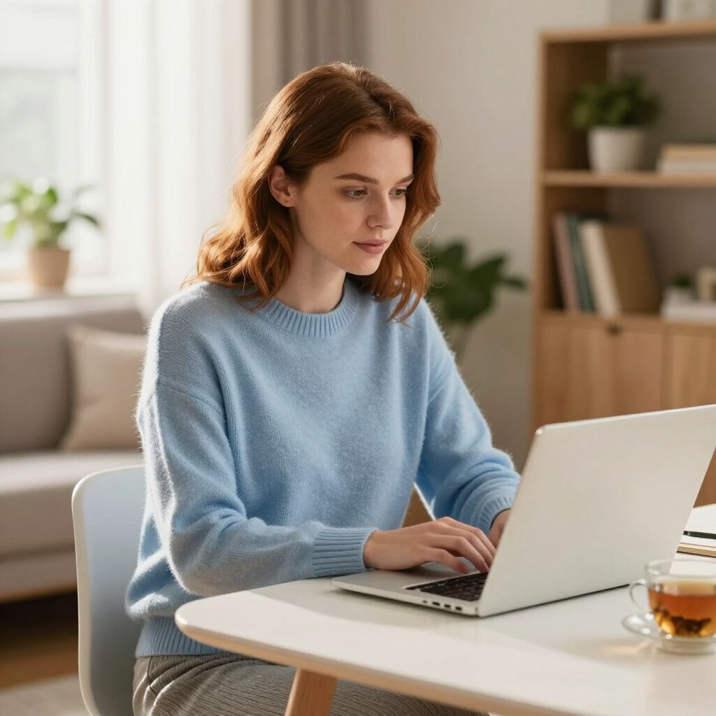 Woman seated at a table, typing on a laptop, with a cup of tea.