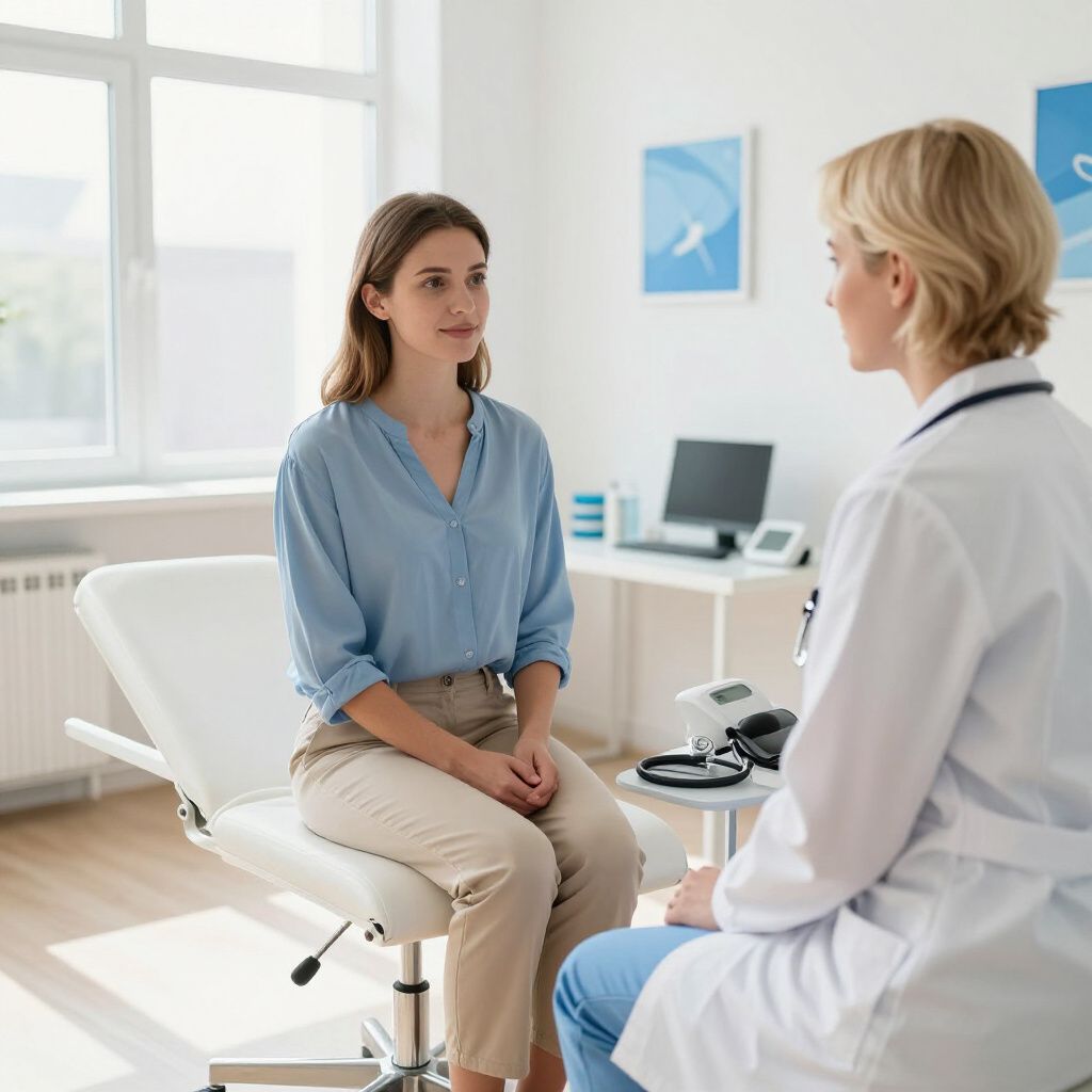 Woman in a blue shirt talking to a doctor in a medical office setting.