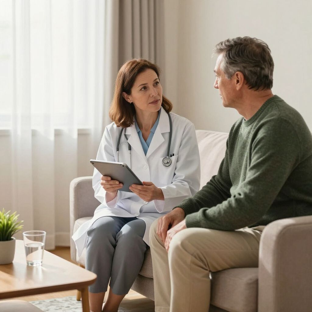 Doctor in lab coat consults with a patient holding a tablet, seated on a couch indoors.