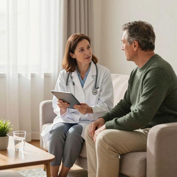 Doctor in lab coat consults with a patient holding a tablet, seated on a couch indoors.