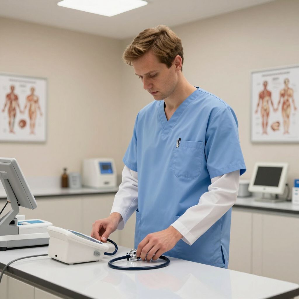 A person in blue scrubs preparing a stethoscope in a medical examination room.
