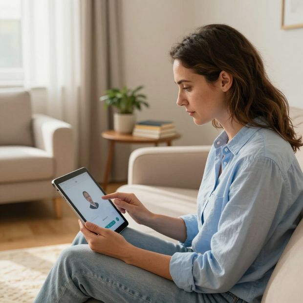 Woman using tablet on couch, appears to be in a video call with another person.