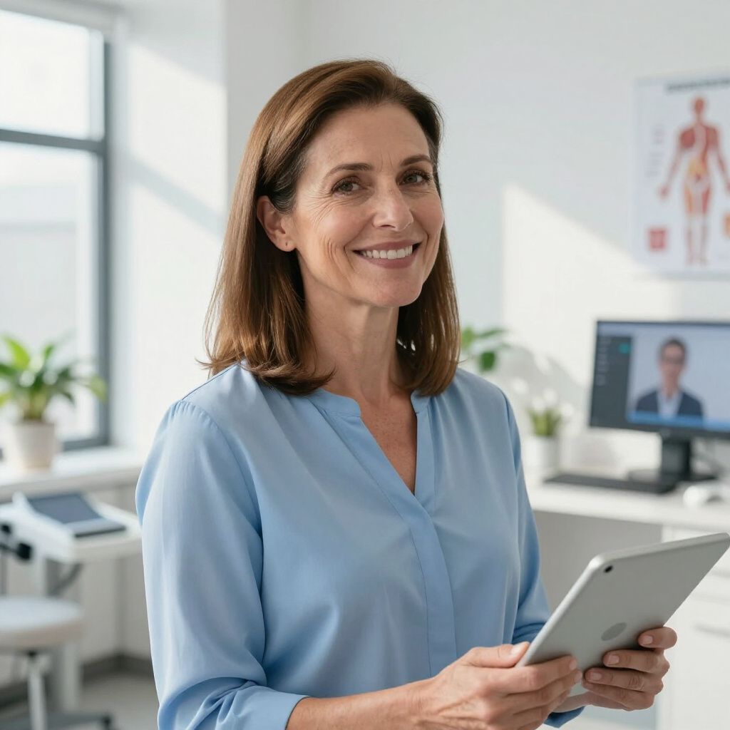 Woman in blue shirt smiles, holding tablet in doctor's office.