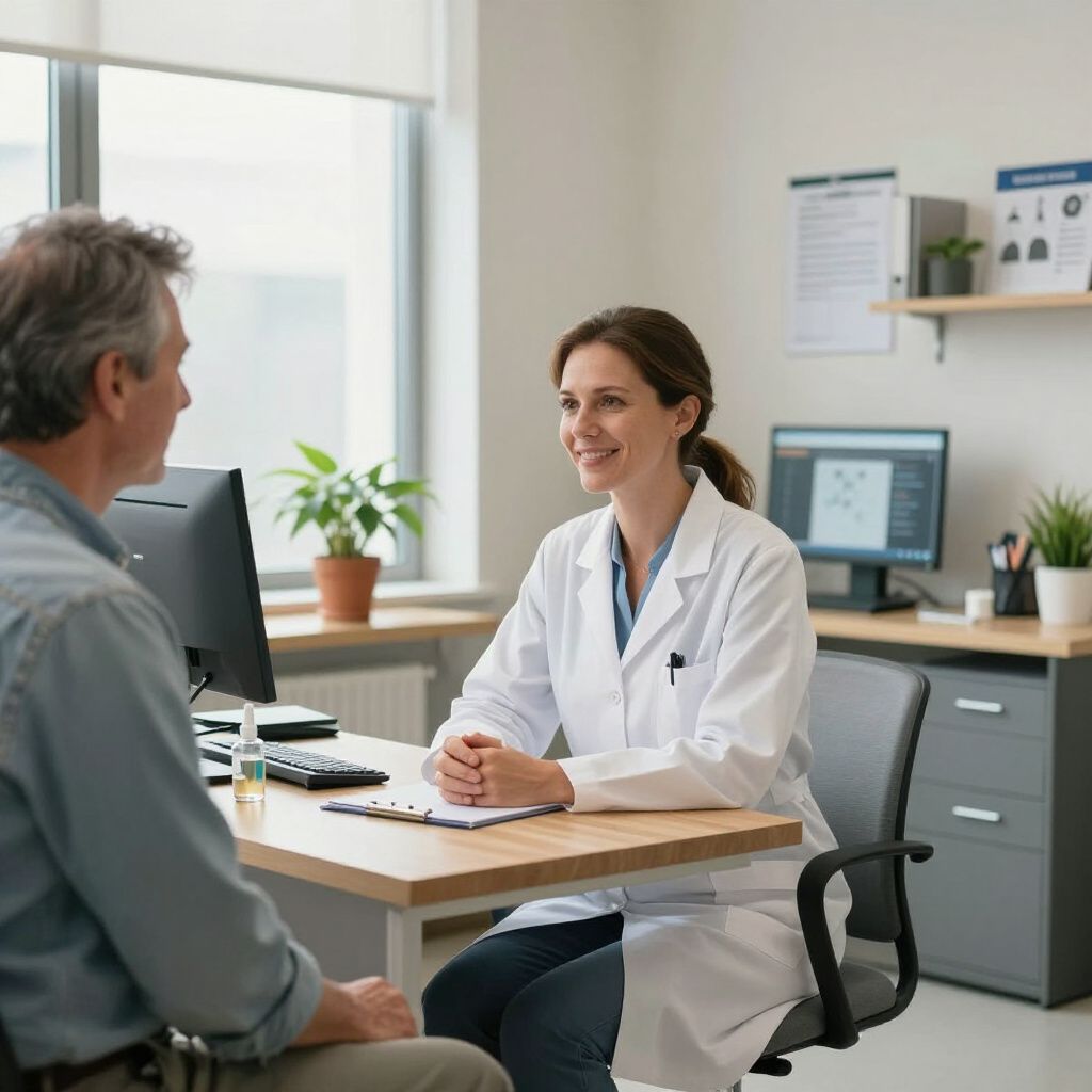 Doctor and patient in office; doctor smiling, sitting at desk; patient facing her.