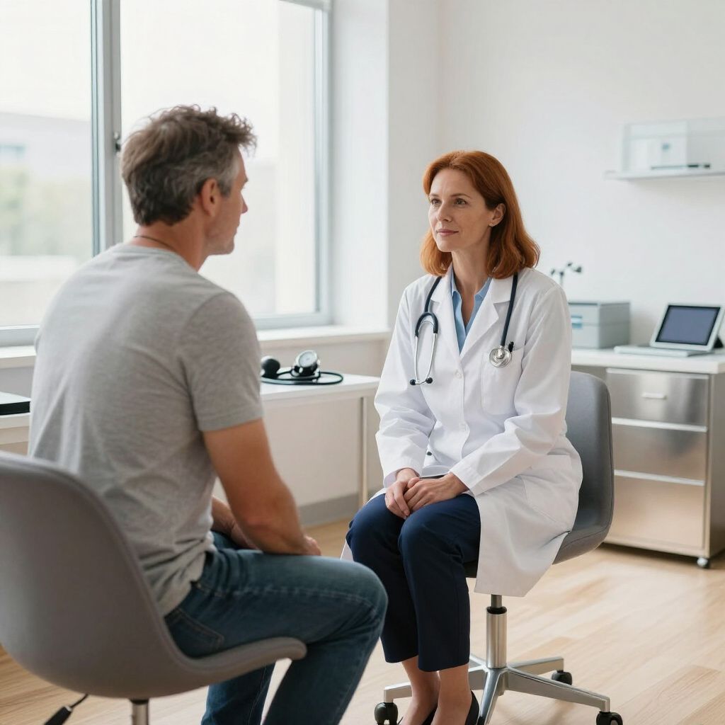 Doctor in a white coat with stethoscope, speaking with a patient in a medical office setting.