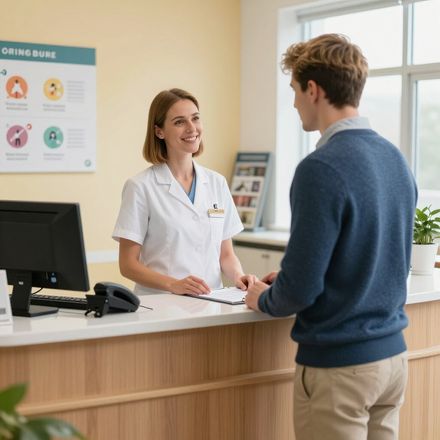 Receptionist in white coat assisting a man at a desk. Smiling, holding a clipboard. Light-filled room, sign on wall.