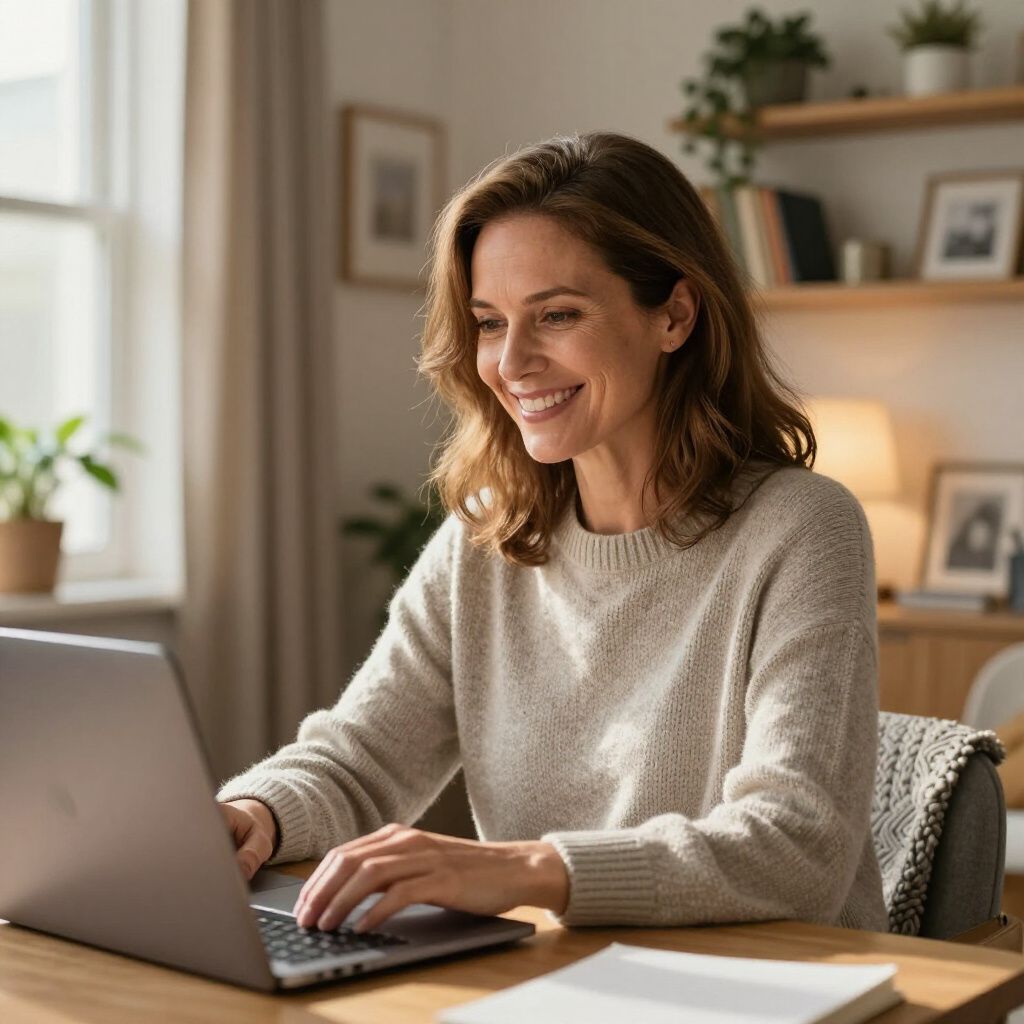 Woman smiling while using a laptop at a desk in a well-lit living room.