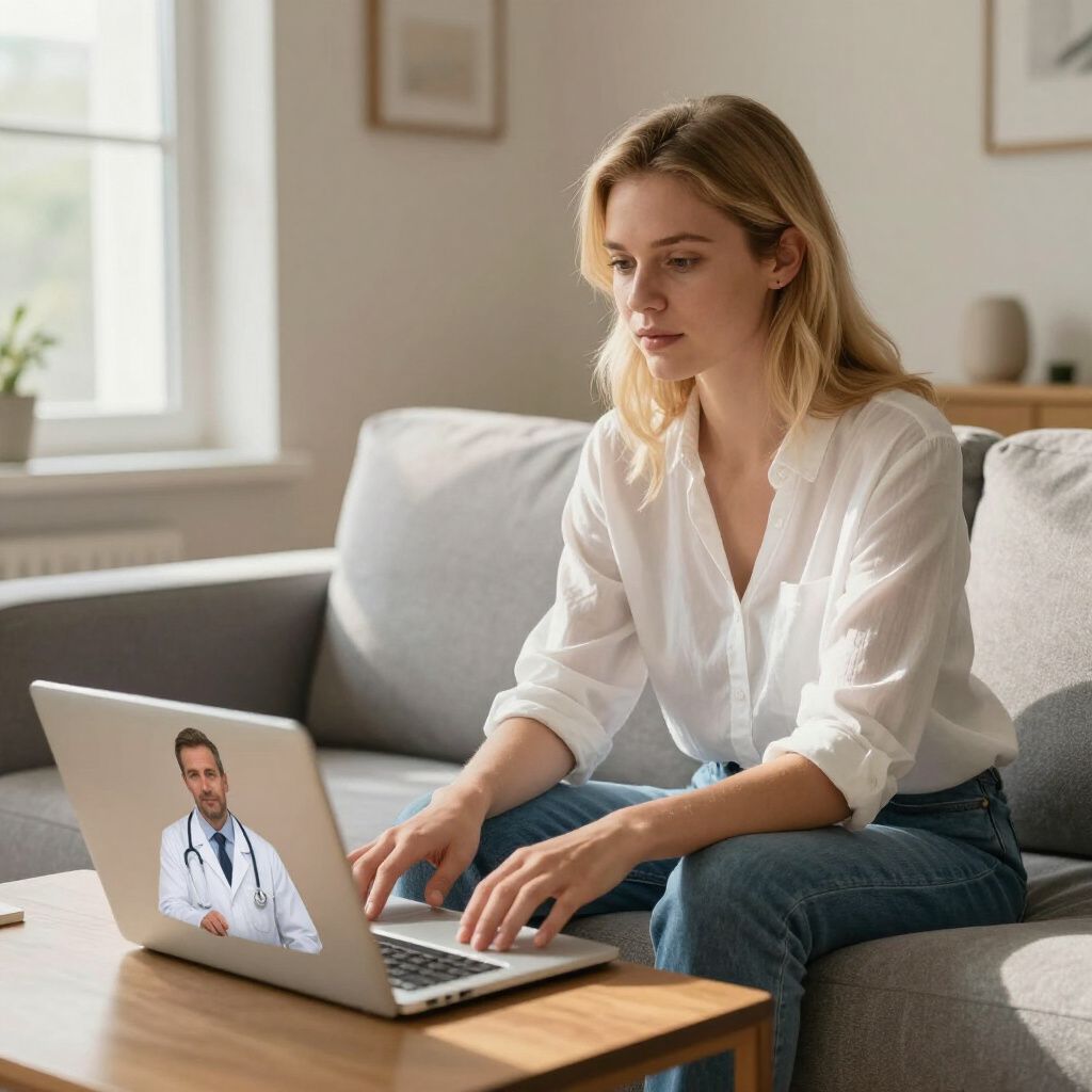 Woman on couch using laptop, video call with doctor on screen.