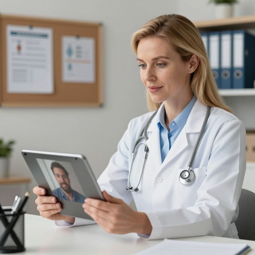 Doctor in lab coat using tablet for telehealth with patient.