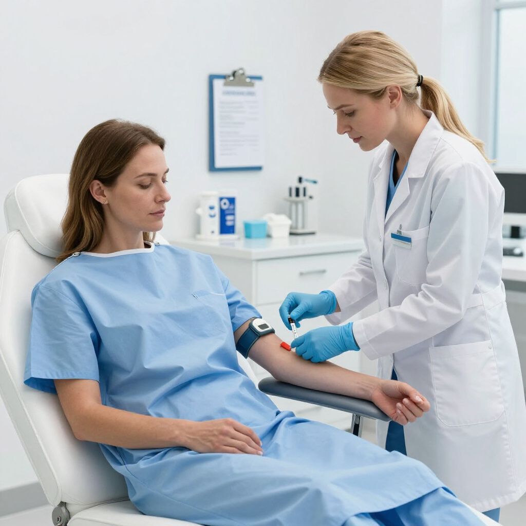 A medical professional drawing blood from a patient's arm in a clinical setting.