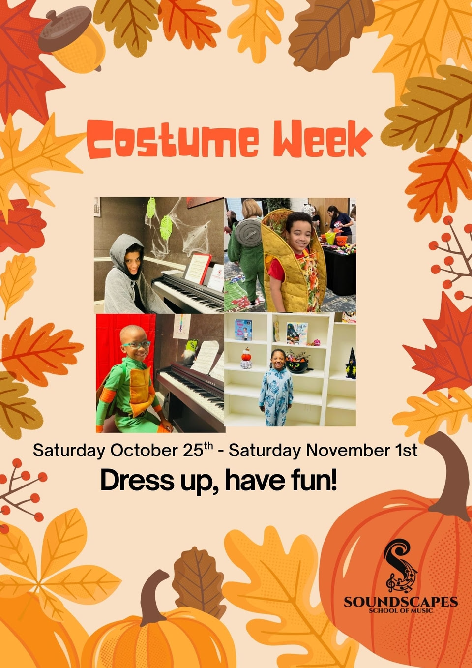Poster for Costume Week, with children in costumes and autumn leaves/pumpkin illustrations.