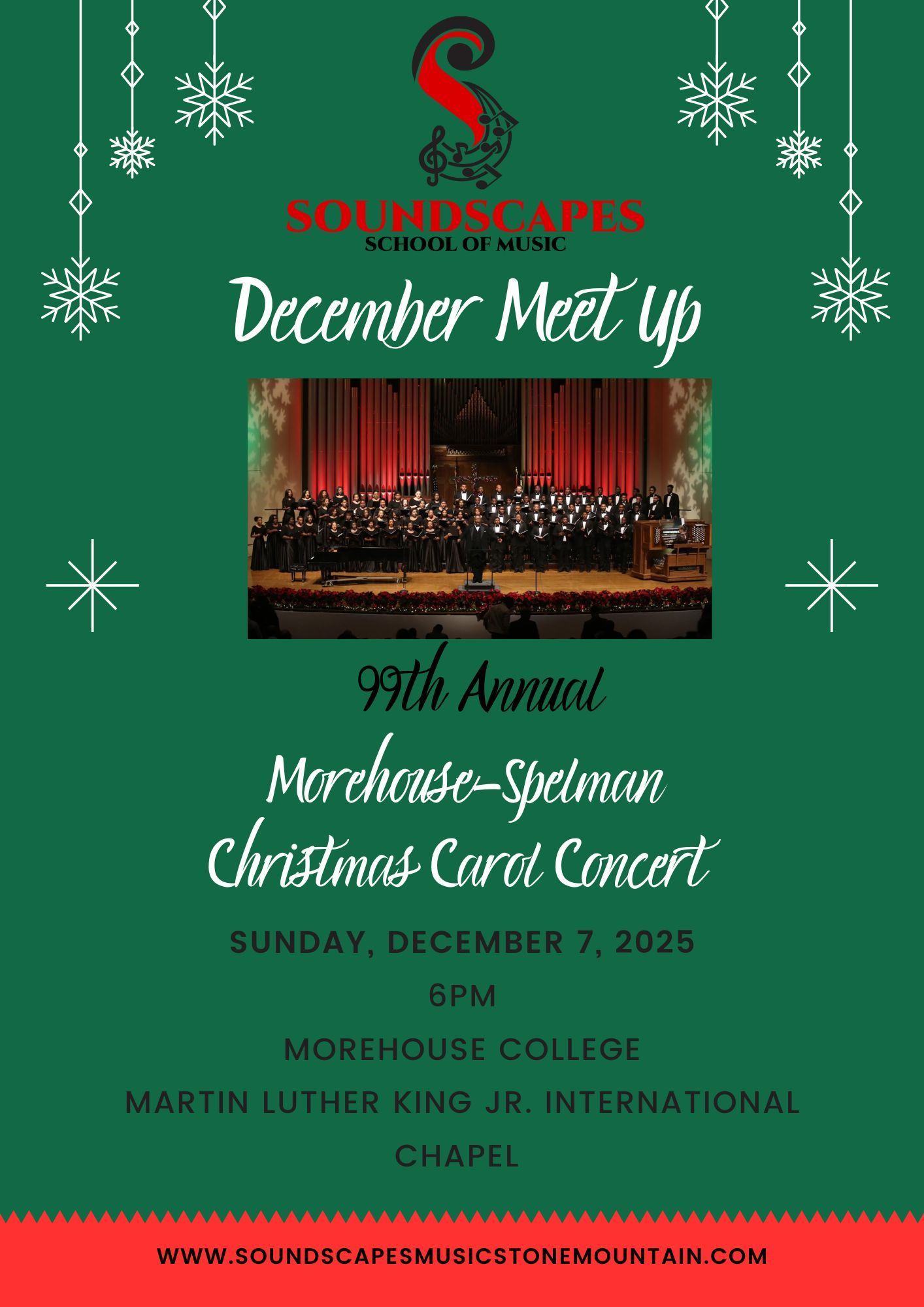 Poster for the December Meet Up, 99th Annual Morehouse-Spelman Christmas Carol Concert at Morehouse College Chapel, December 7, 2025.